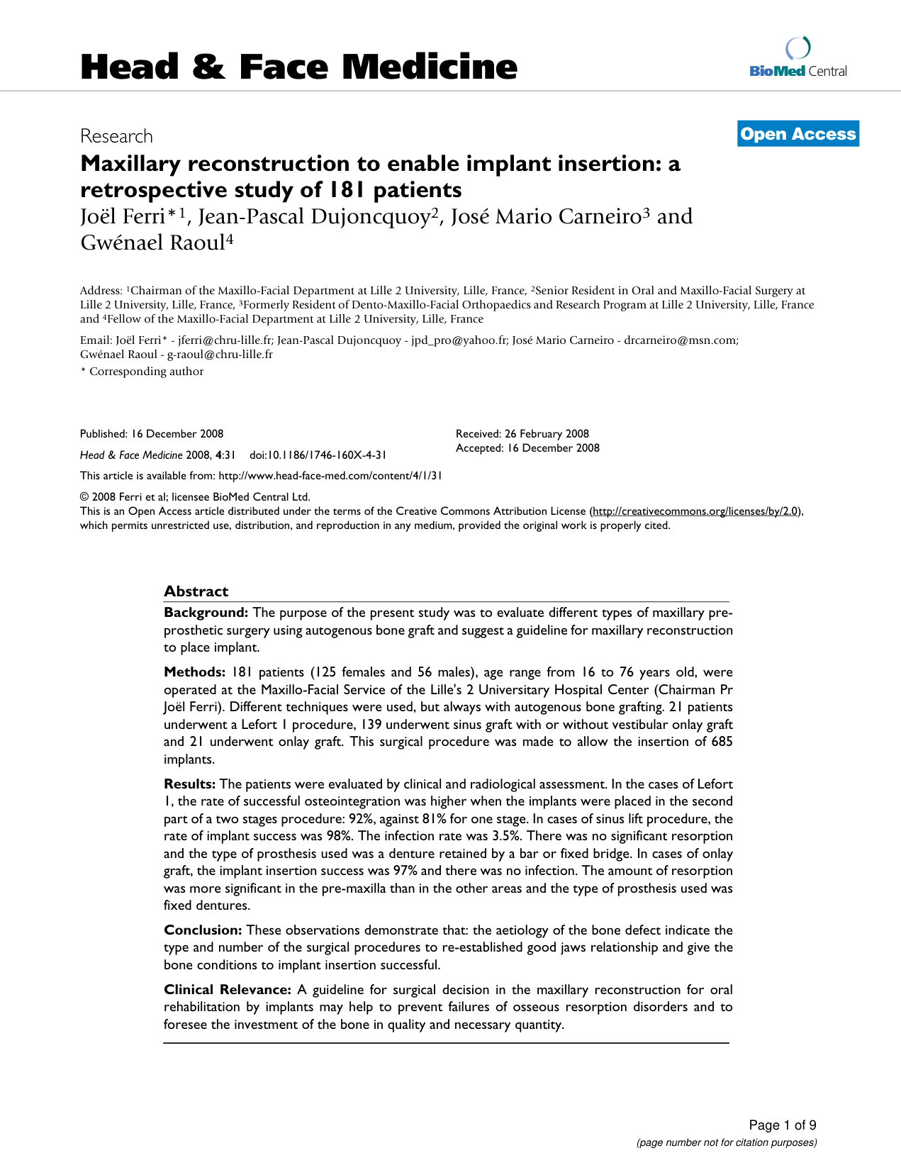 Reconstruction maxillaire et implants — Head Face Med 2008 (première page)