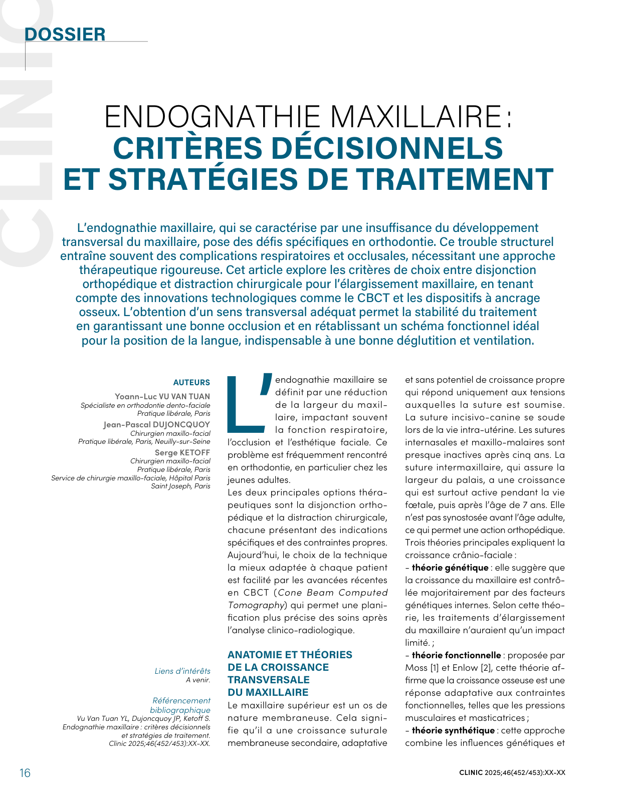 Endognathie maxillaire : critères décisionnels — CLINIC 2025 (première page)