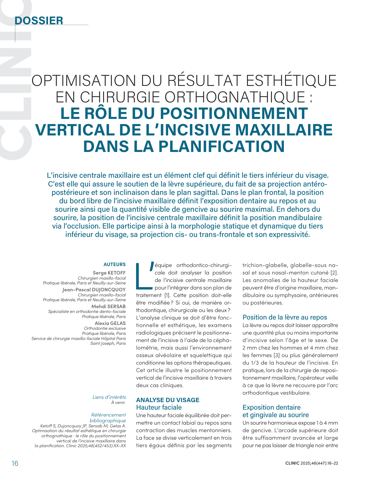 Esthétique : positionnement de l'incisive maxillaire — CLINIC 2025 (première page)