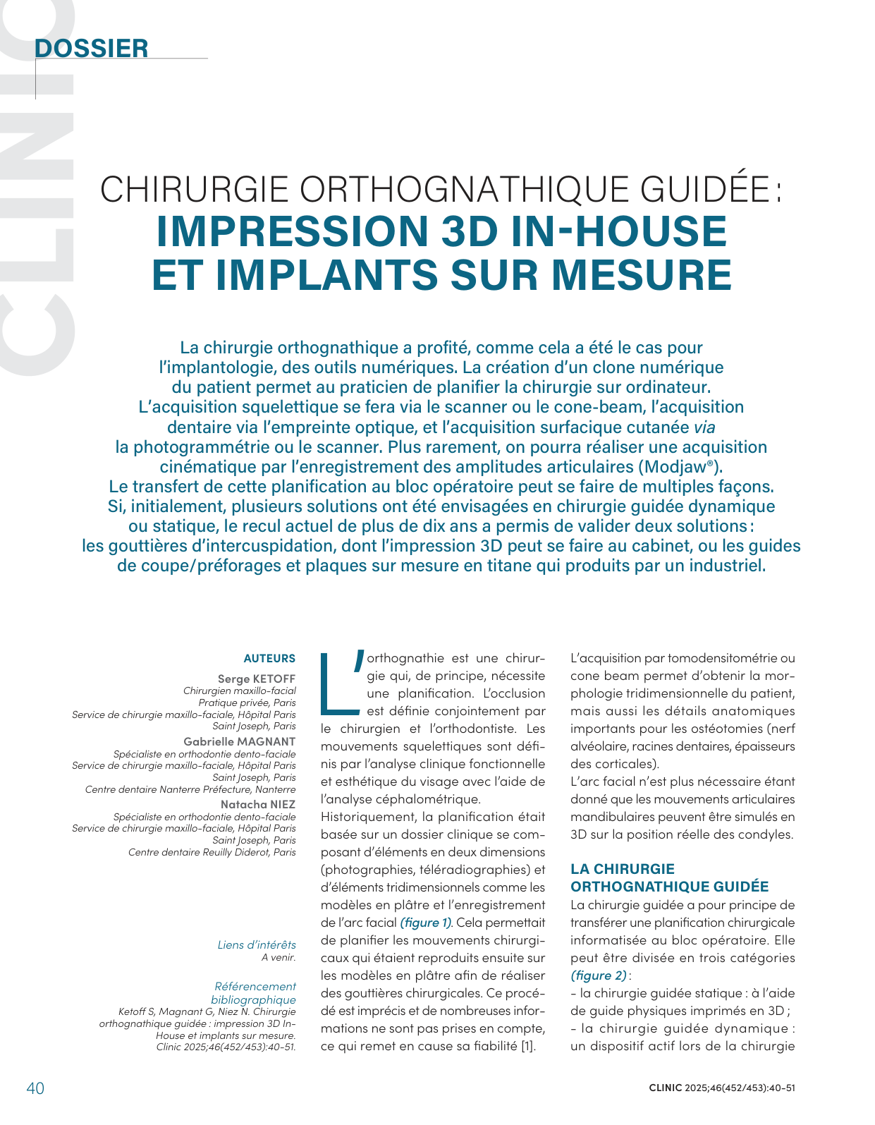 Impression 3D in-house et implants sur mesure — CLINIC 2025 (première page)