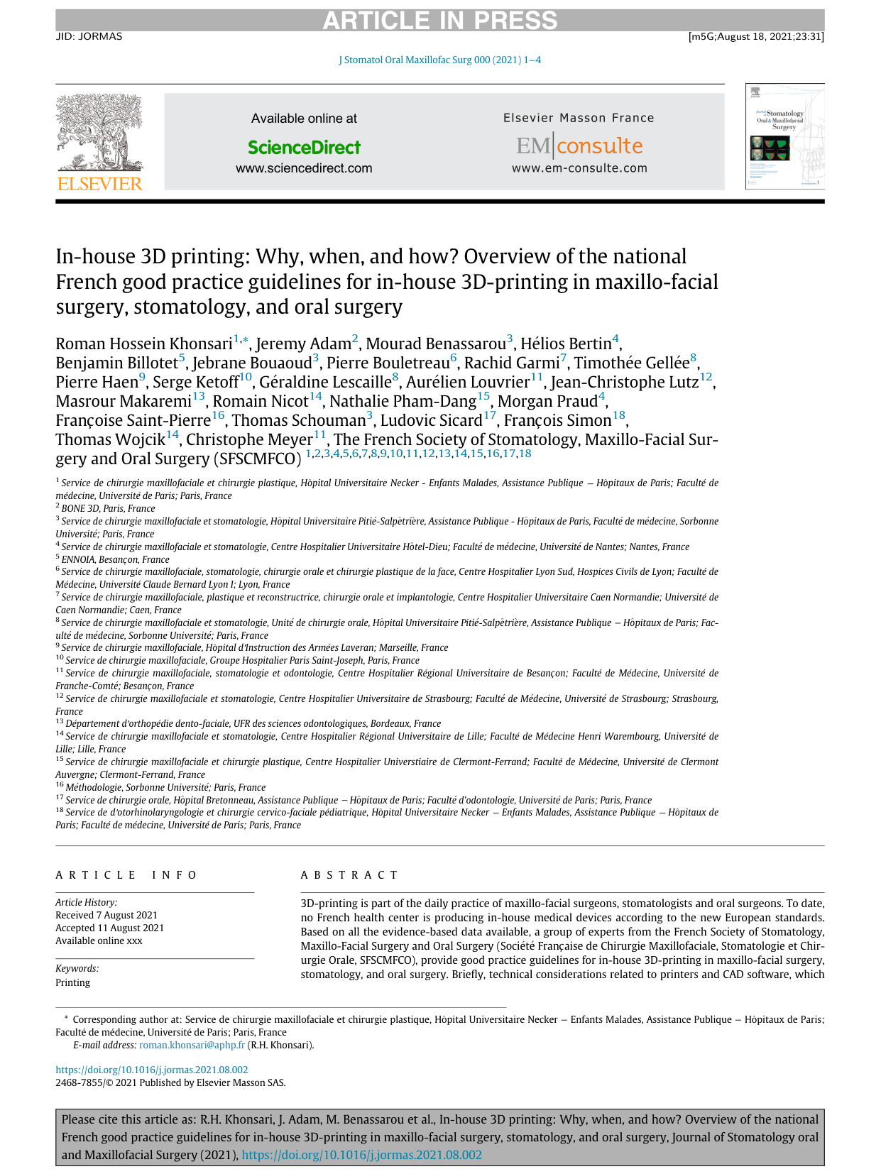Impression 3D in-house : recommandations nationales — J Stomatol Oral Maxillofac Surg 2021 (première page)