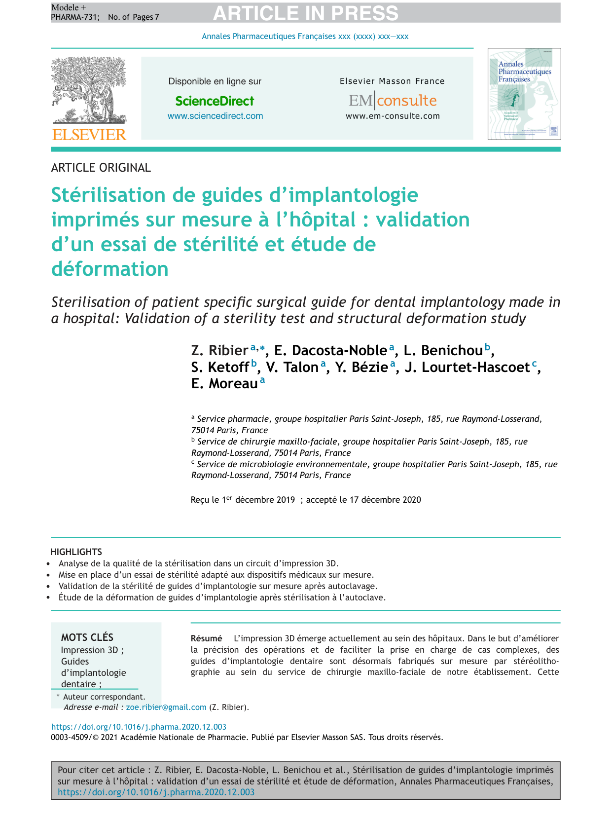 Stérilisation des guides d'implantologie — Ann Pharm Fr 2021 (première page)