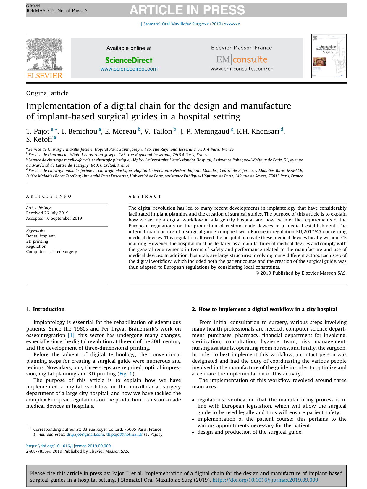 Chaîne numérique des guides chirurgicaux — J Stomatol Oral Maxillofac Surg 2020 (première page)