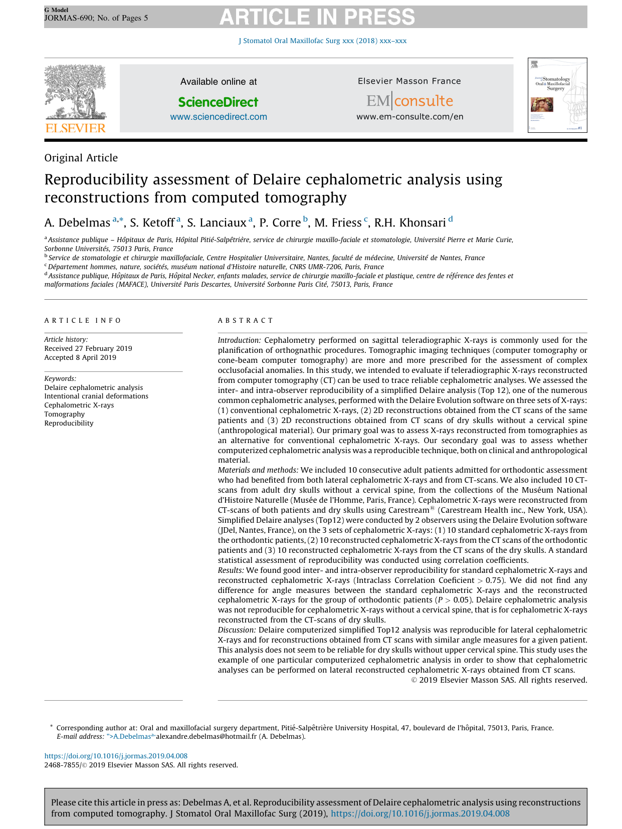 Céphalométrie de Delaire au scanner — J Stomatol Oral Maxillofac Surg 2020 (première page)