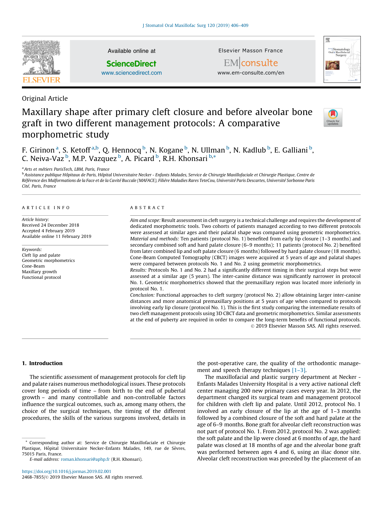 Morphologie maxillaire après fermeture de fente — J Stomatol Oral Maxillofac Surg 2019 (première page)