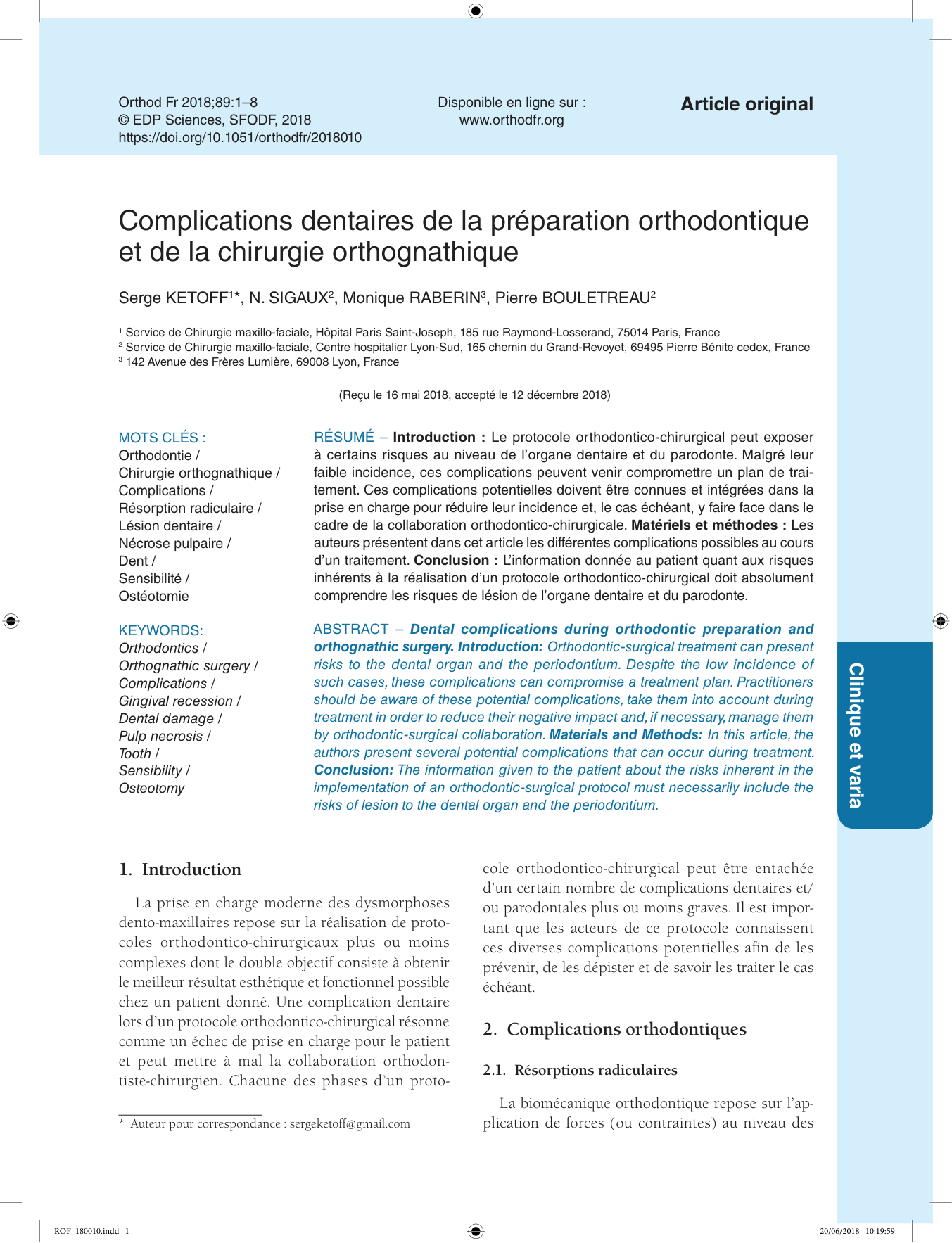 Complications dentaires en chirurgie orthognathique — Orthod Fr 2018 (première page)