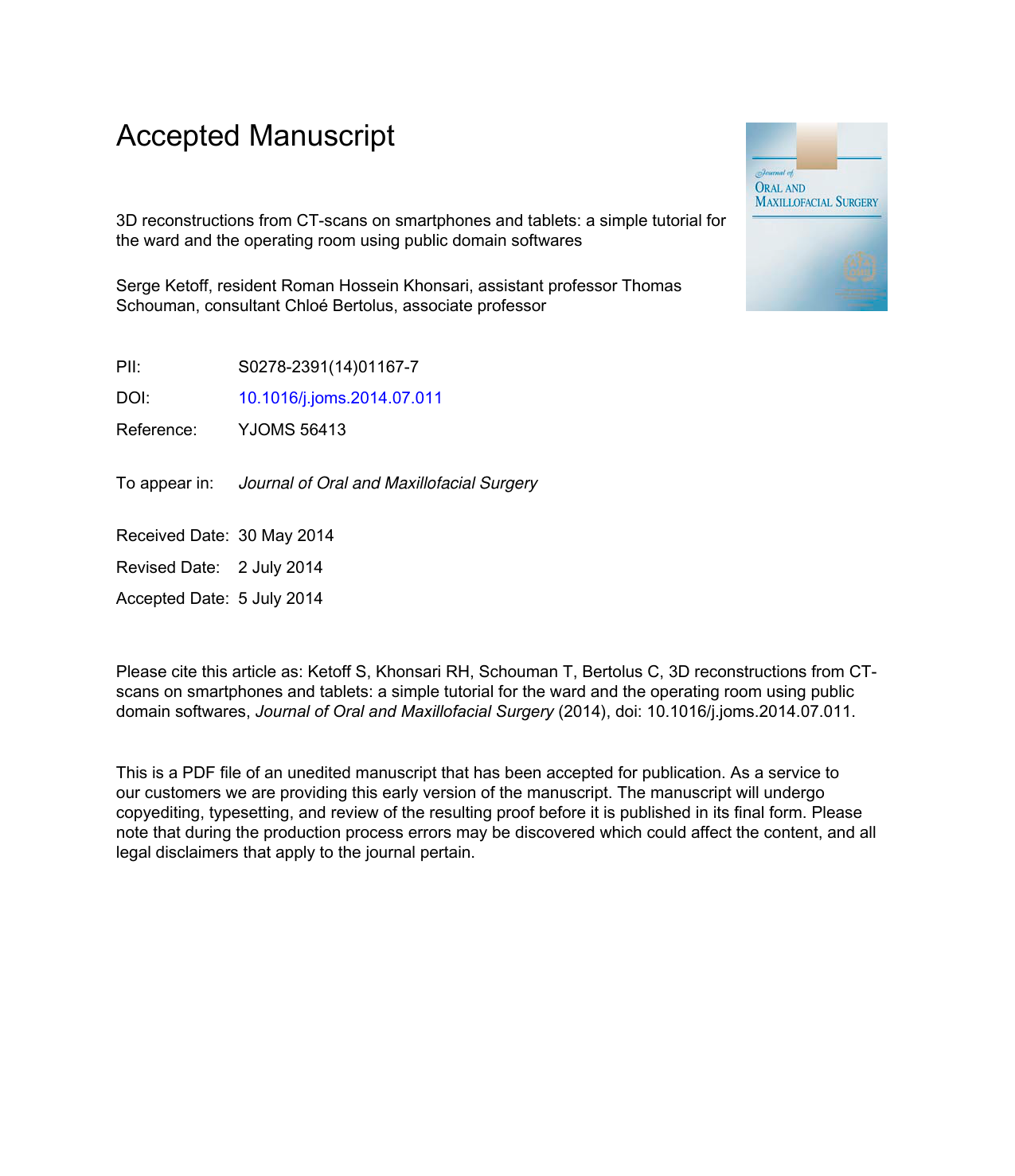Reconstruction 3D sur smartphone et tablette — J Oral Maxillofac Surg 2014 (première page)
