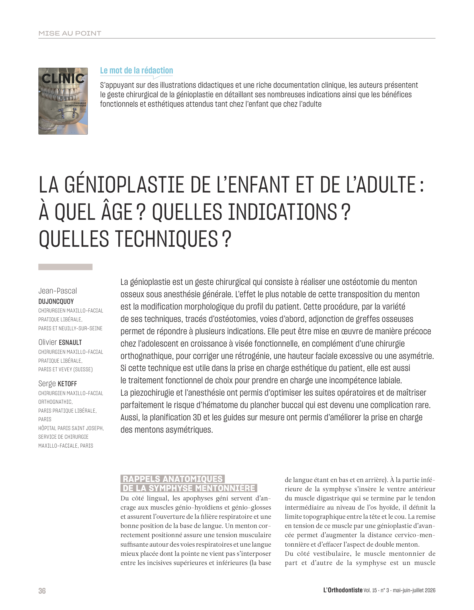 La génioplastie de l'enfant et de l'adulte — L'Orthodontiste 2026 (première page)